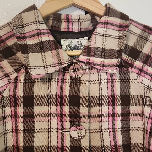 Nori Women's Pink & Brown Plaid Button Front Cropped Puff Sleeve Jacket Size LG - Picture 6 of 10